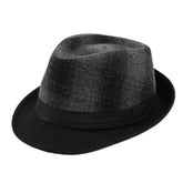 Plaid fedora hat with black band and brim, ideal for men’s spring and autumn fashion